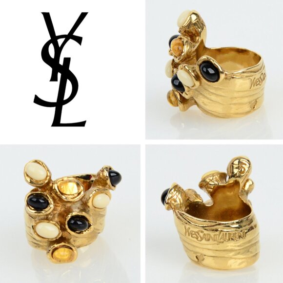 YVES SAINT LAURENT YSL RING ARTY DOTS GOLD TONE CHUNKY w SIGNATURE LOGO sz 6 - Picture 1 of 8